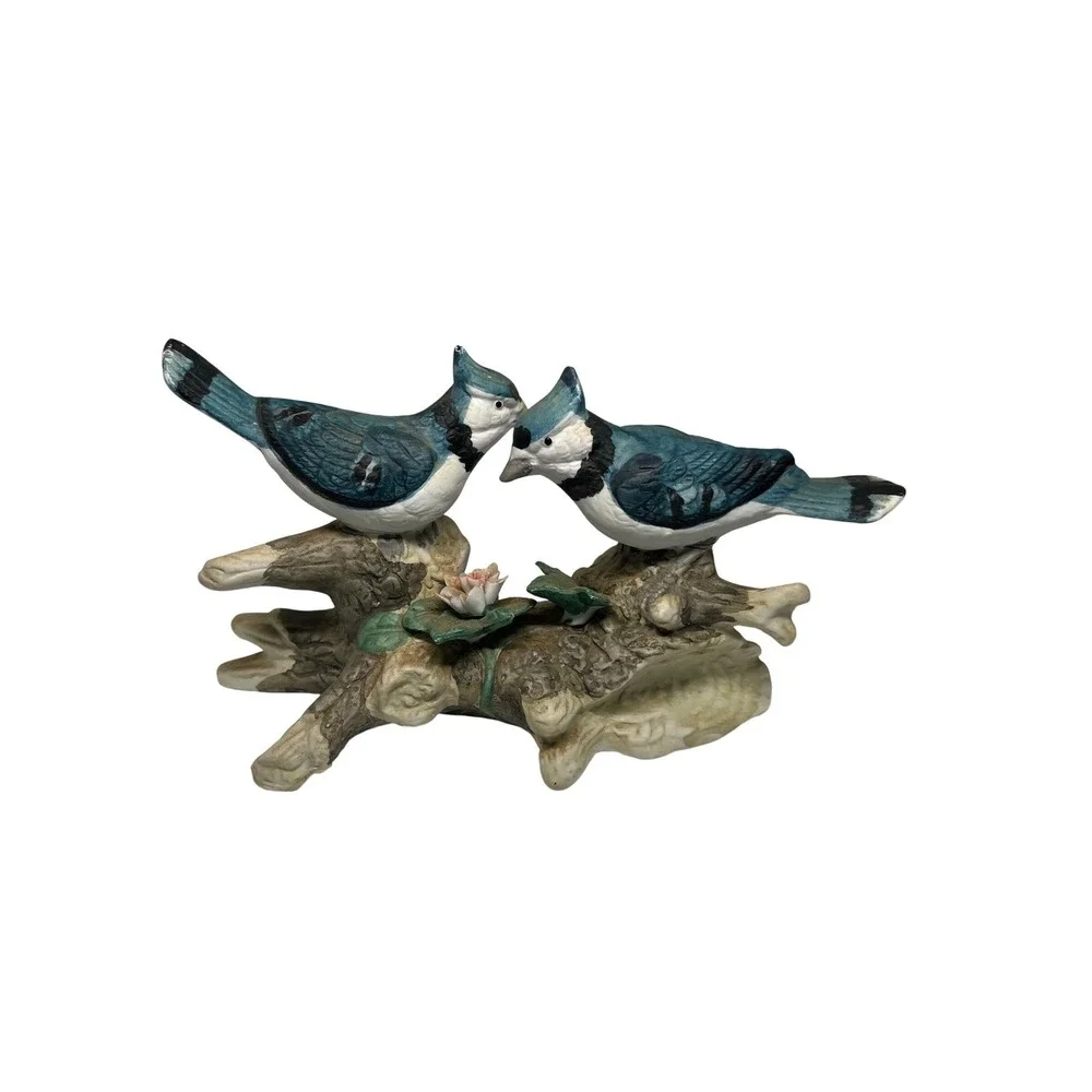 Decorative Blue Jay Bird Figurine Perched‎ on Branch with Flower